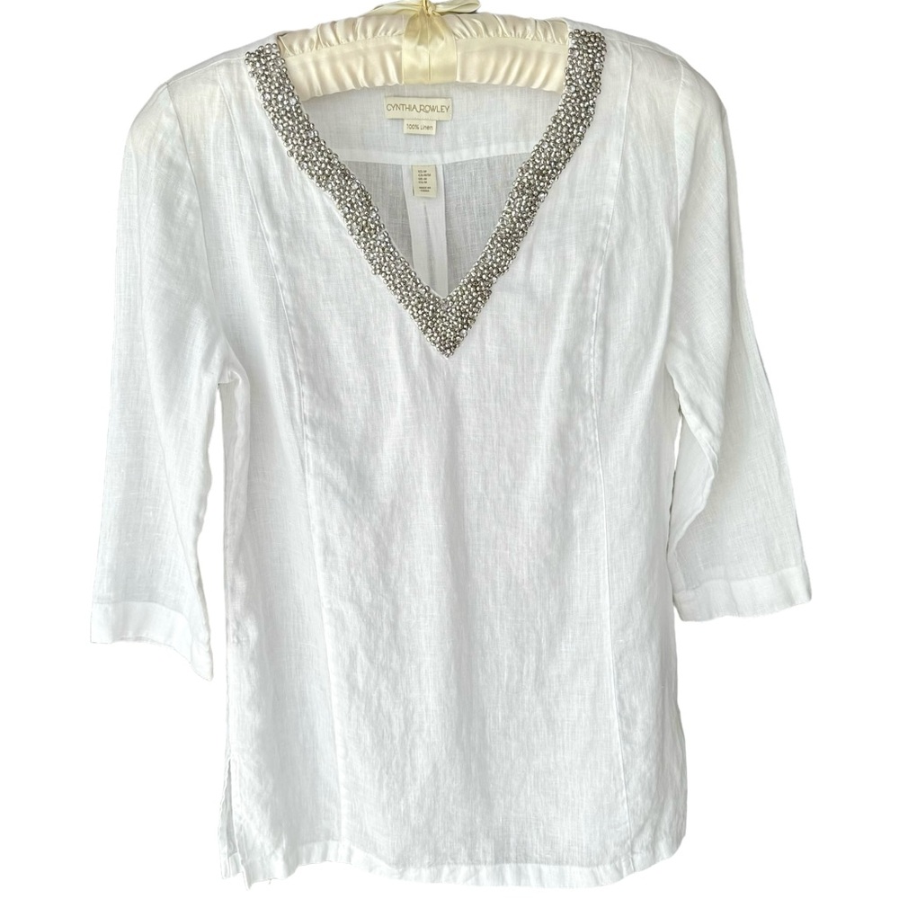 Cynthia Rowley 100% Linen Silver Beaded V Neck White Tunic Top Women’s M